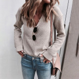 2021 Warm Fashion Winter/Autumn Dress Deep V-neck Long Sleeve Solid Color Women Knitted Top Sweater
