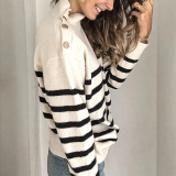2021 Slim Fit Top Autumn Dress Long Sleeve High Neck Stripe Women Fashion Button Sweater