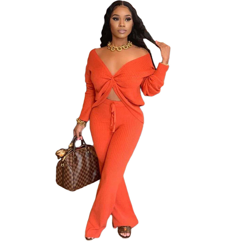 Women Solid Color Thicken V-neck Two Piece Set Pink Orange Gray Black Khaki S-2XL
