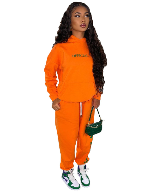 Lady Print Street Style Sporty Hoodies Two Piece Set Orange Black Blue S-XL