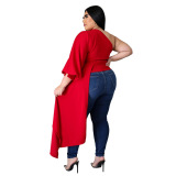 Women One Sleeve Solid Color Asymmetric Plus Size Top Black Blue Red XL-5XL