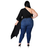 Women One Sleeve Solid Color Asymmetric Plus Size Top Black Blue Red XL-5XL