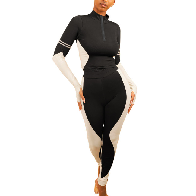 Women Fashion Mock Neck Colorblock Long Sleeve Casual Sport Wear Red Black Gray Army Green Khaki S-XXL