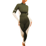 Women Fashion Mock Neck Colorblock Long Sleeve Casual Sport Wear Red Black Gray Army Green Khaki S-XXL