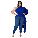 Women One Sleeve Solid Color Asymmetric Plus Size Top Black Blue Red XL-5XL