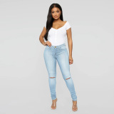 Women's Fashion High Waist Slim Ripped Denim Pants Multi-Color Slim Jean Leggings S-3XL