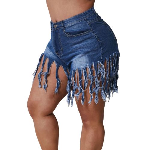 Women Stylish Tassel Short Plus Size Pants Jeans Yellow Rose Red Light Blue Dark Blue Black L-4XL