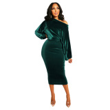 Women Slim Solid Color Slash Neck Puff Sleeve Wine Red Purple Blue Green Coffee S-XL