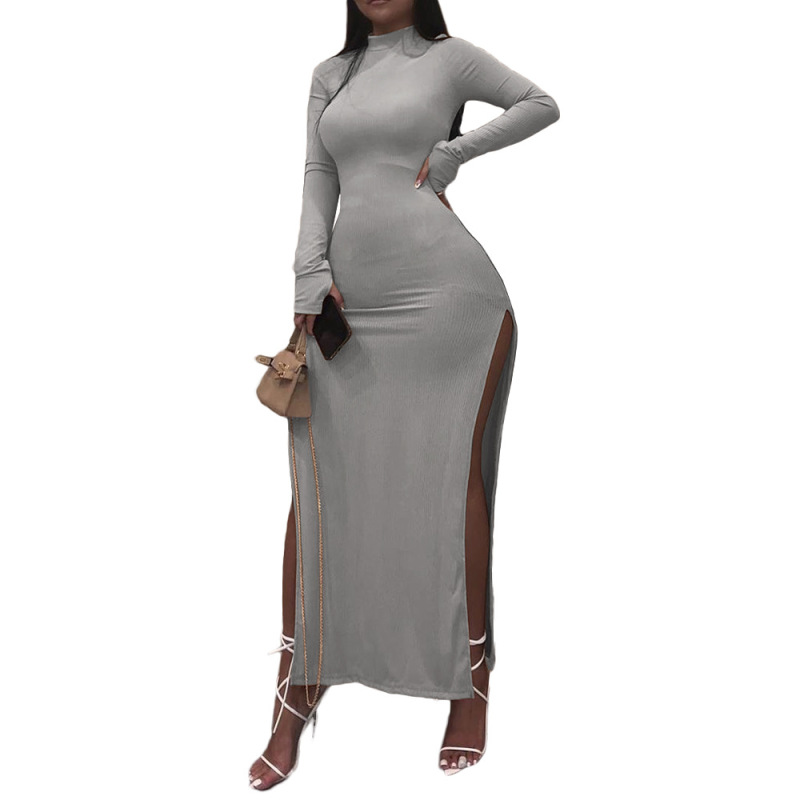 Women Slit Solid Color Long Sleeve One Piece Dress Khaki Gray Black S-XL