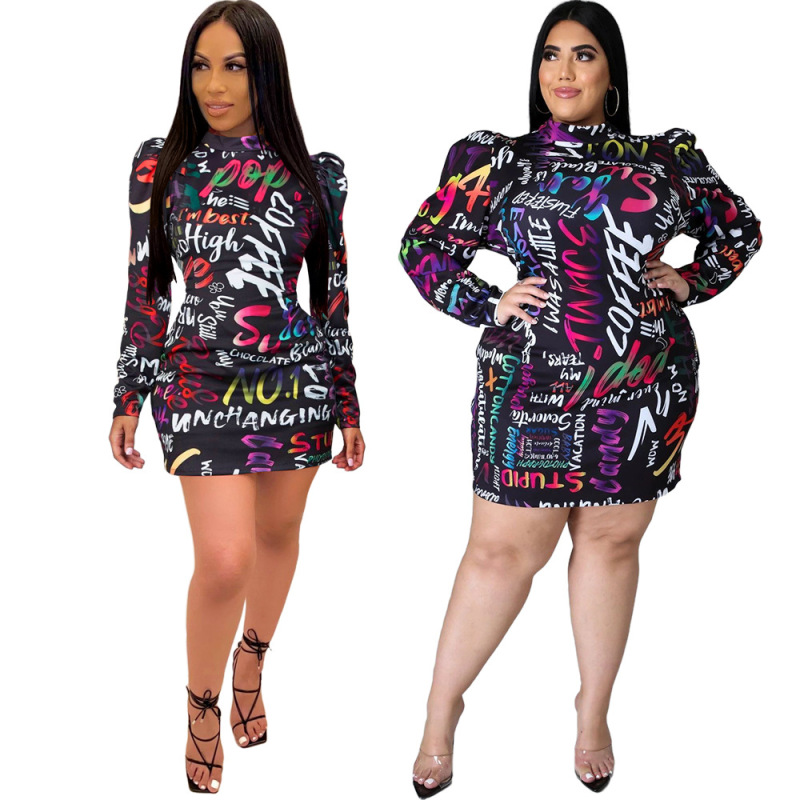 Women Fashion Print Pleated Turtleneck Long Sleeve One Piece Dress Black S-5XL