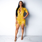 Women's Stylish Turn-down Collar Button Short Sleeve Women Jeans Rompers Blue Yellow Rose Red S-2XL