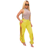 Lady's Fashion Side Slit Drawstring Casual Loose Pants Black Yellow Green Blue Gray S-2XL