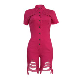 Women's Stylish Turn-down Collar Button Short Sleeve Women Jeans Rompers Blue Yellow Rose Red S-2XL