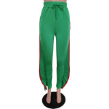 Lady's Fashion Side Slit Drawstring Casual Loose Pants Black Yellow Green Blue Gray S-2XL