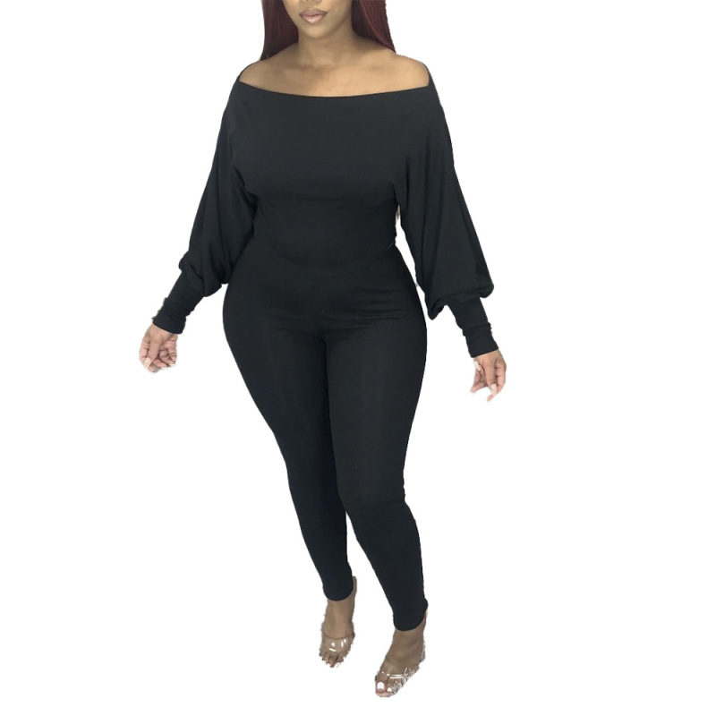 Women Fashion Solid Color Slash Neck Two Piece Set Black S-XL
