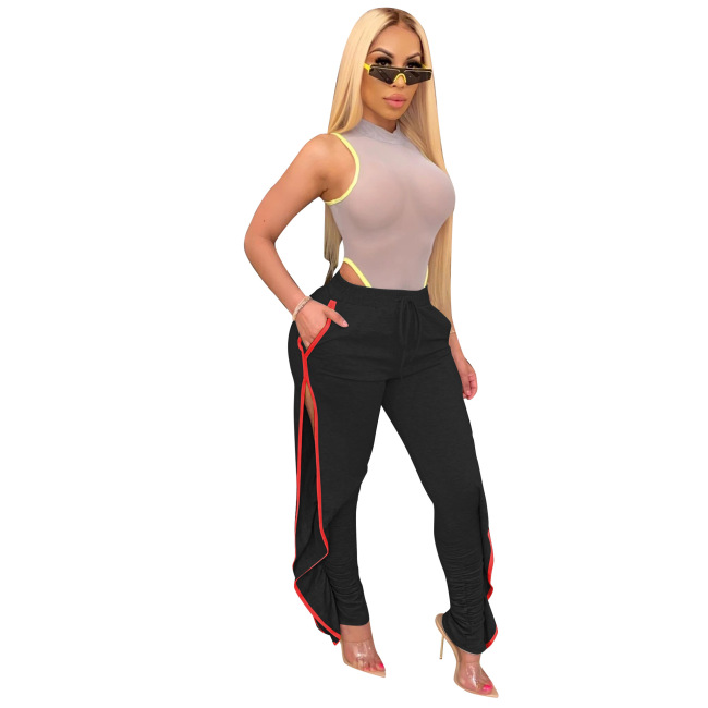 Lady's Fashion Side Slit Drawstring Casual Loose Pants Black Yellow Green Blue Gray S-2XL