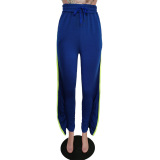Lady's Fashion Side Slit Drawstring Casual Loose Pants Black Yellow Green Blue Gray S-2XL