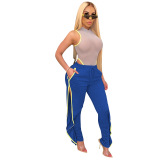 Lady's Fashion Side Slit Drawstring Casual Loose Pants Black Yellow Green Blue Gray S-2XL