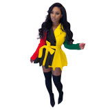 Women Casual Colorblock Long Sleeve One Piece Dress Yellow Red Black Green Orange S-2XL