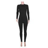 Basic Solid Color Black Long Sleeve Casual Wear Two Pieces Set S-XL