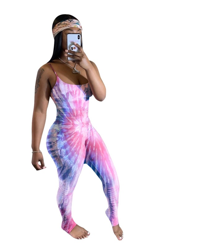 Women Tie Dye Print Pleated Jumpsuit S-2XL