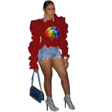 Lady Fashion Mesh Lips Pirnted Long Ruffle Sleeve Tops White Wine Red Fluorescent Green S-2XL