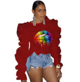Lady Fashion Mesh Lips Pirnted Long Ruffle Sleeve Tops White Wine Red Fluorescent Green S-2XL