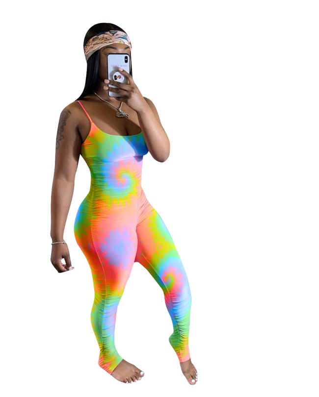 Women Tie Dye Print Pleated Jumpsuit S-2XL