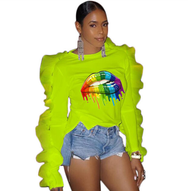 Lady Fashion Mesh Lips Pirnted Long Ruffle Sleeve Tops White Wine Red Fluorescent Green S-2XL