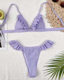 Women Sexy Rib-knit Ruffle Bikini Two-piece Swimsuit Purple S-L
