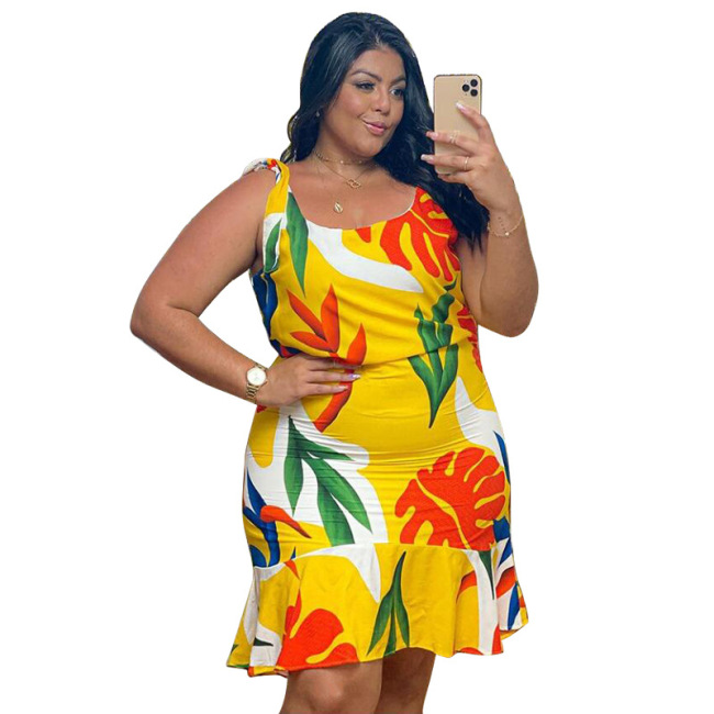 Women Plus Size Print Sleeveless One Piece Dress Yellow L-4XL