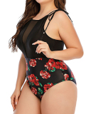 Lady Mesh See Through Print One Piece Swimwear Red L-4XL