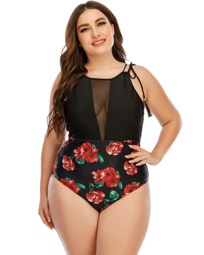 Lady Mesh See Through Print One Piece Swimwear Red L-4XL