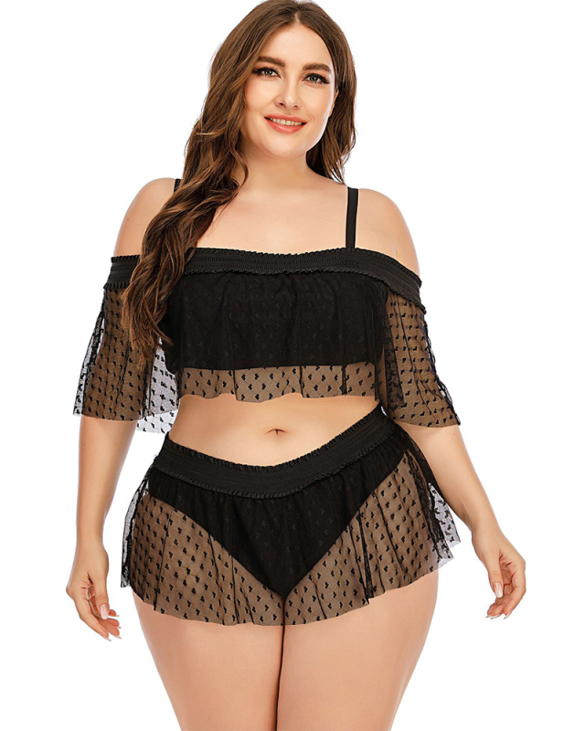 Women Plus Size Solid Color Two Piece Swimwear Black L-5XL
