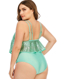 Women Sequins High Waist Two Piece Swimwear Green L-5XL