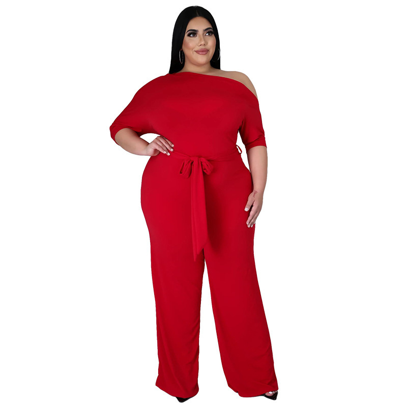 Women Slash Neck Half Sleeve Wide Leg Plus Size Jumpsuits Red Wine Red Black L-4XL