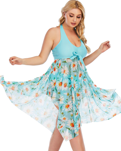 Lady Plus Size Halter Backless One Piece Swimwear Blue L-5XL