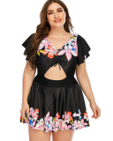 Florals Hollow Out Women Plus Size Swimwear Swimsuit Black L-5XL