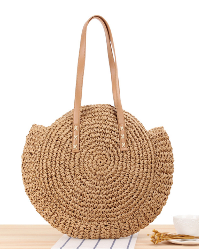 Round Straw Beach Bag Vintage Handmade Woven Shoulder Bag Raffia circle Rattan bags Bohemian Summer Vacation Casual Bags