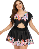 Florals Hollow Out Women Plus Size Swimwear Swimsuit Black L-5XL