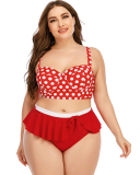 Stylish Sexy Women Dot Pointed Ruffles Thong Two Piece Plus Size Swimwear  Blue Red L-5XL