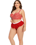 Stylish Sexy Women Dot Pointed Ruffles Thong Two Piece Plus Size Swimwear  Blue Red L-5XL