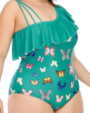 Fashion Ruffles One Piece Women Plus Size Swimsuit Green Black L-5XL