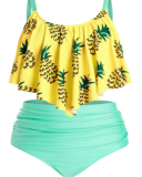 Women Strap High Waist Two Piece Plus Size Swimwear Pink Yellow Green White L-5XL