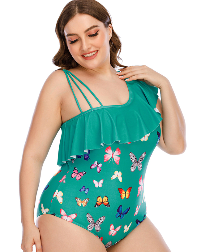 Fashion Ruffles One Piece Women Plus Size Swimsuit Green Black L-5XL