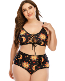 Women Strap Sun & Moon Printed High Waist Two Piece Plus Size Swimwear Black L-5XL