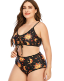 Women Strap Sun & Moon Printed High Waist Two Piece Plus Size Swimwear Black L-5XL