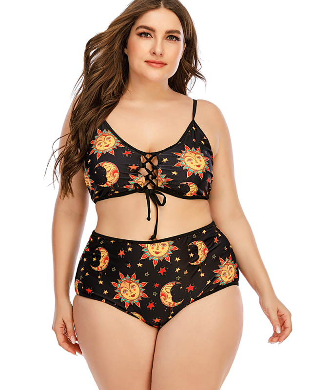 Women Strap Sun & Moon Printed High Waist Two Piece Plus Size Swimwear Black L-5XL