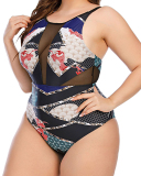 Women Stylish Mesh See Through Sleeveless One Piece Plus Size Swimwear Black L-5XL