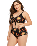 Women Strap Sun & Moon Printed High Waist Two Piece Plus Size Swimwear Black L-5XL